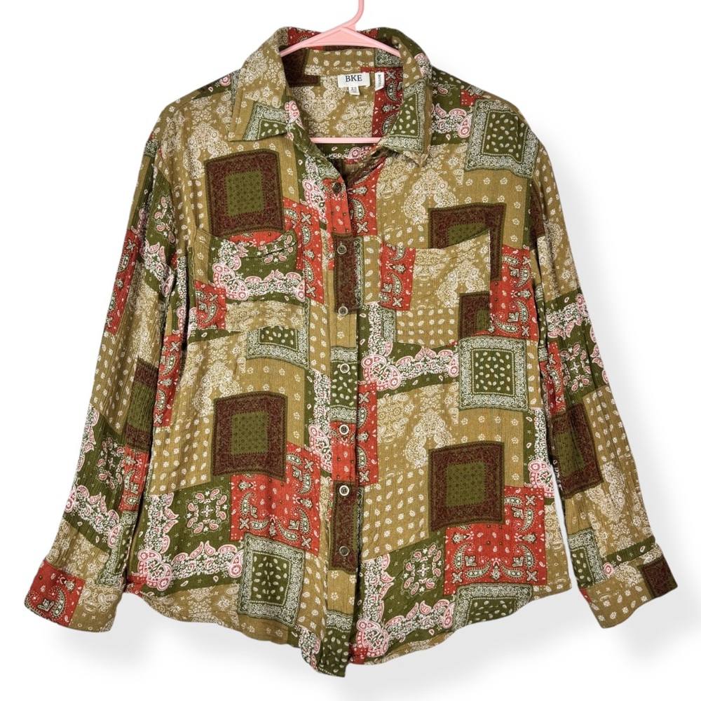 BKE Bandana Patchwork Button Down Blouse Womens XS Boyfriend Fit Olive Multi